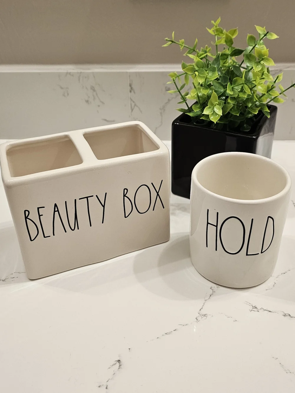 Rae Dunn Ceramic 'Beauty Box' & 'Hold' Organizer Set